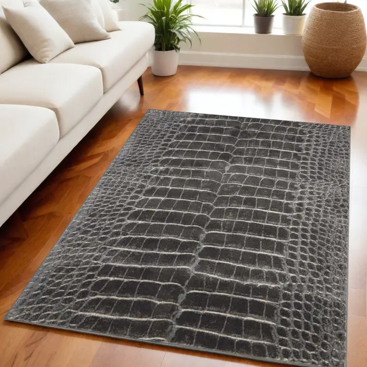 5' X 7' Beige Charcoal and Cream Animal Print Distressed Non Skid Area Rug