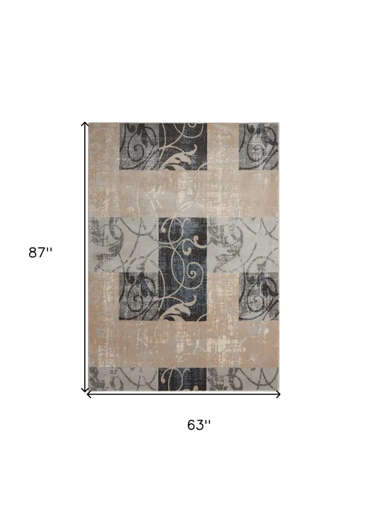 5' X 7' Tan Black and Ivory Floral Vines Non Skid Area Rug