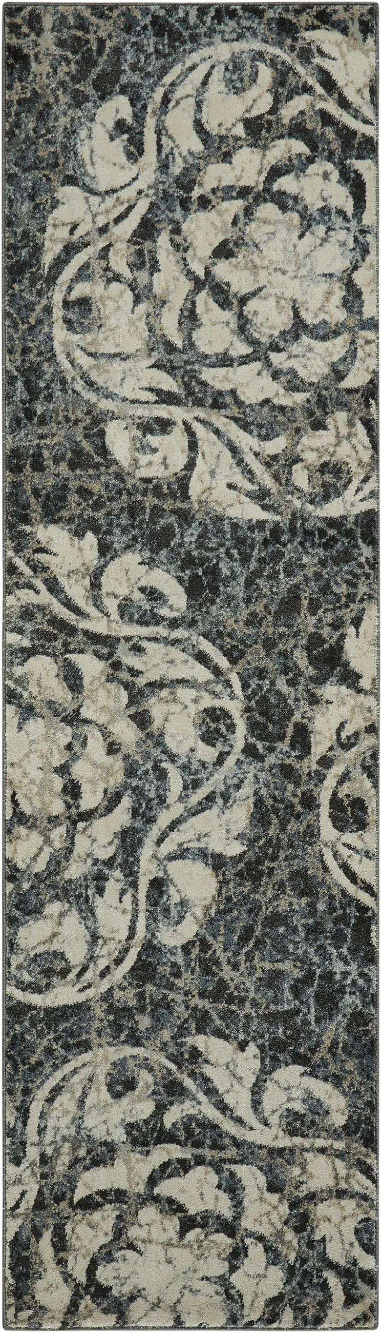 8' Ivory Charcoal and Gray Floral Distressed Non Skid Runner Rug