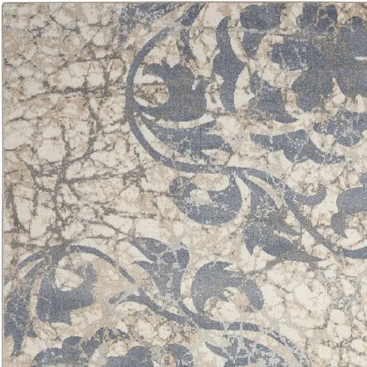 8' Ivory Charcoal and Gray Floral Distressed Non Skid Runner Rug