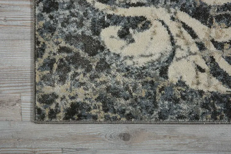 8' Ivory Charcoal and Gray Floral Distressed Non Skid Runner Rug