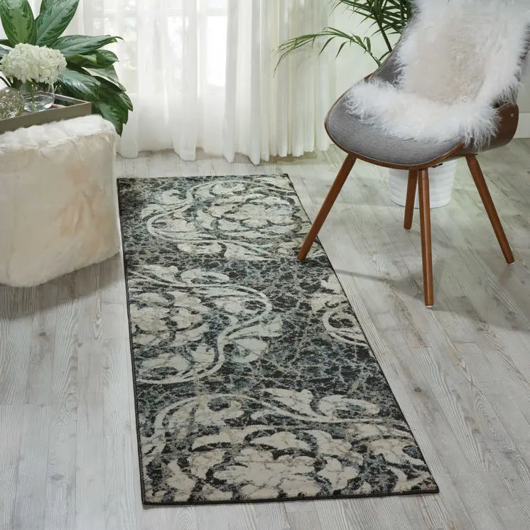 8' Ivory Charcoal and Gray Floral Distressed Non Skid Runner Rug