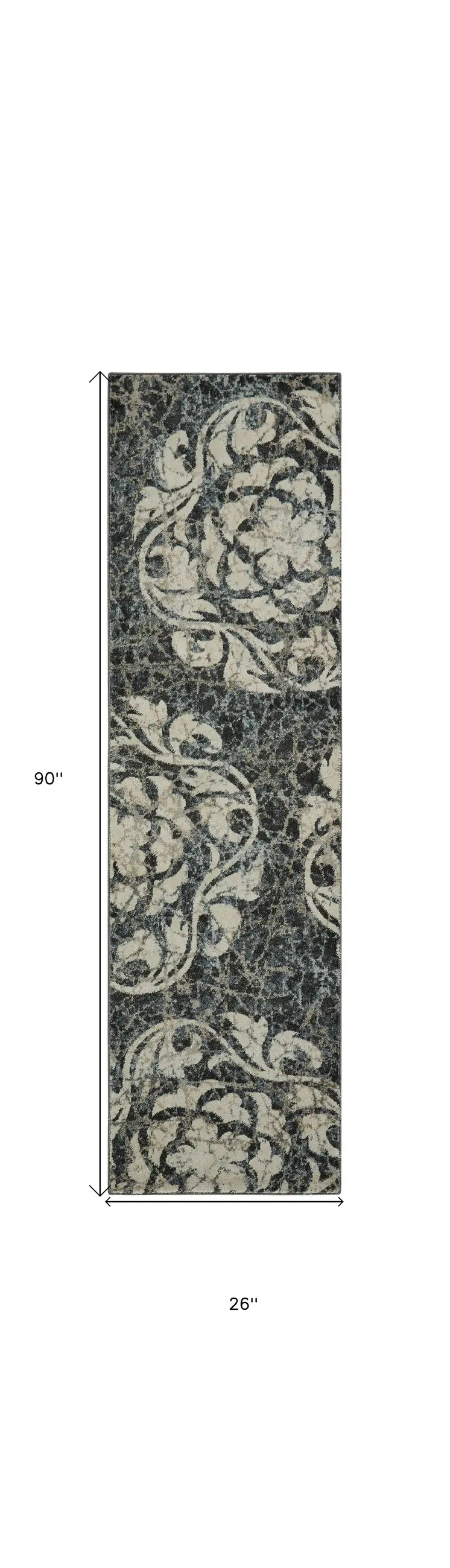 8' Ivory Charcoal and Gray Floral Distressed Non Skid Runner Rug