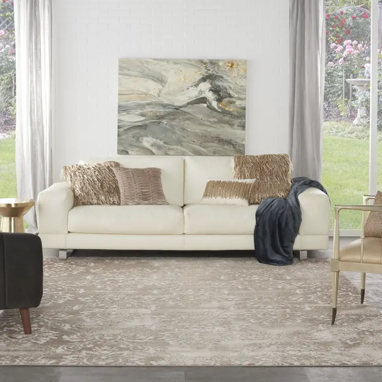 8' X 10' Ivory and Tan Damask Distressed Non Skid Area Rug