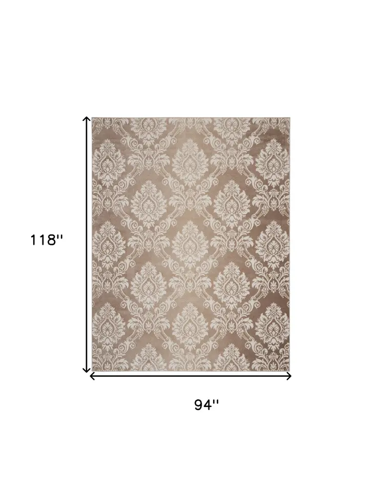 8' X 10' Ivory and Tan Damask Distressed Non Skid Area Rug