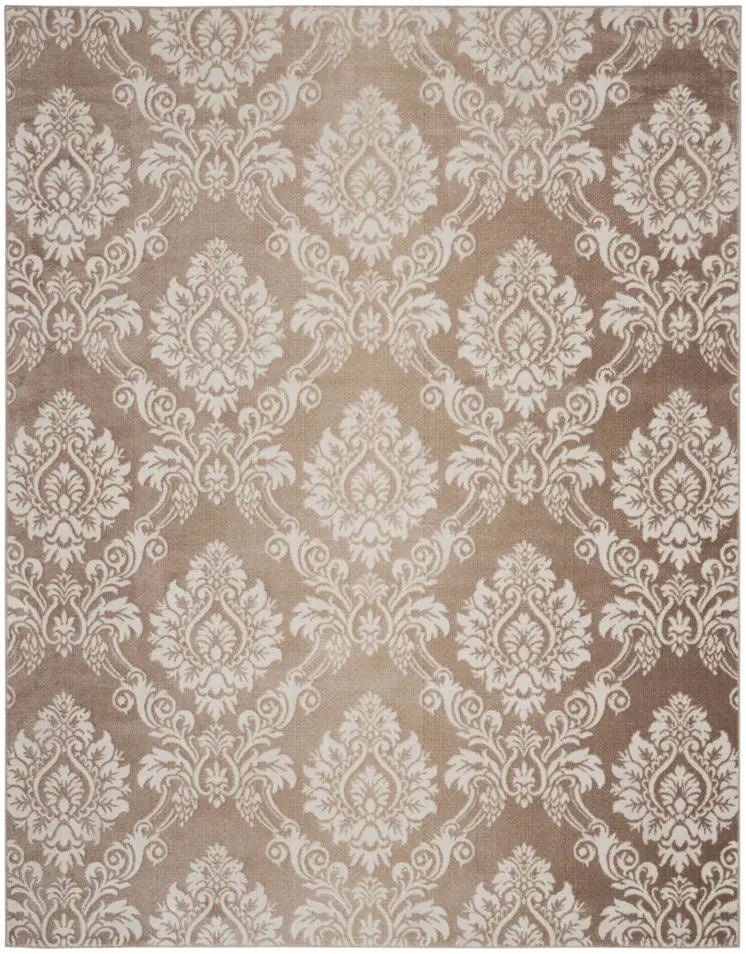 8' X 10' Ivory and Tan Damask Distressed Non Skid Area Rug