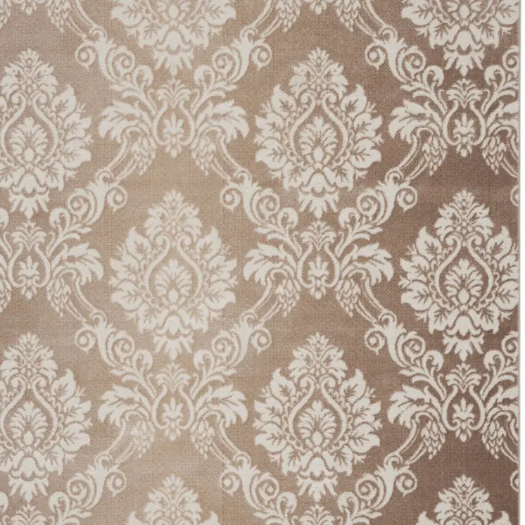 8' X 10' Ivory and Tan Damask Distressed Non Skid Area Rug