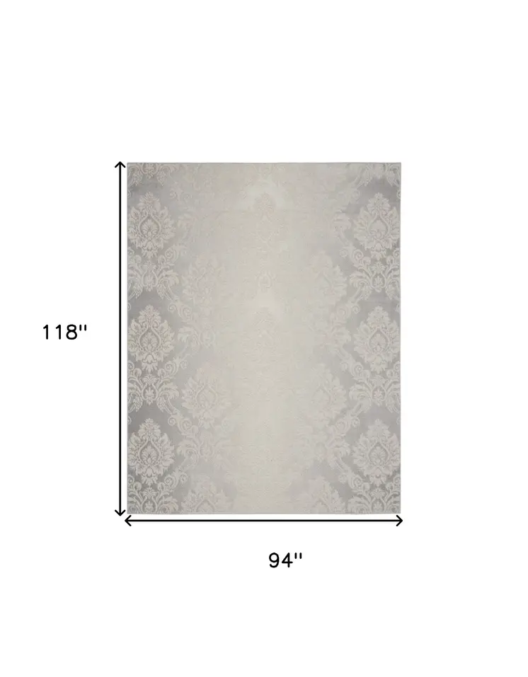 8' X 10' Ivory and Gray Damask Distressed Non Skid Area Rug