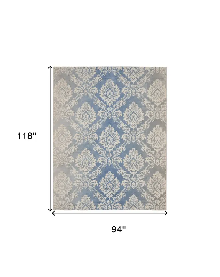 8' X 10' Ivory and Blue Damask Distressed Non Skid Area Rug