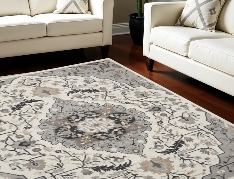 8' X 10' Ivory Black and Gray Floral Non Skid Area Rug