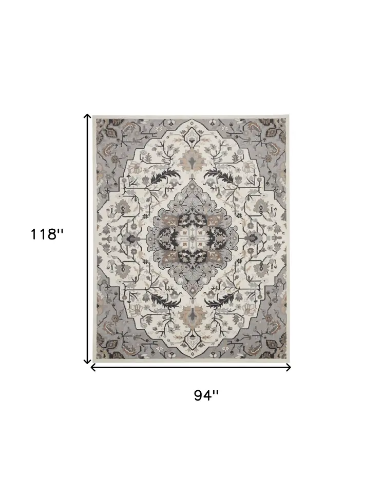 8' X 10' Ivory Black and Gray Floral Non Skid Area Rug