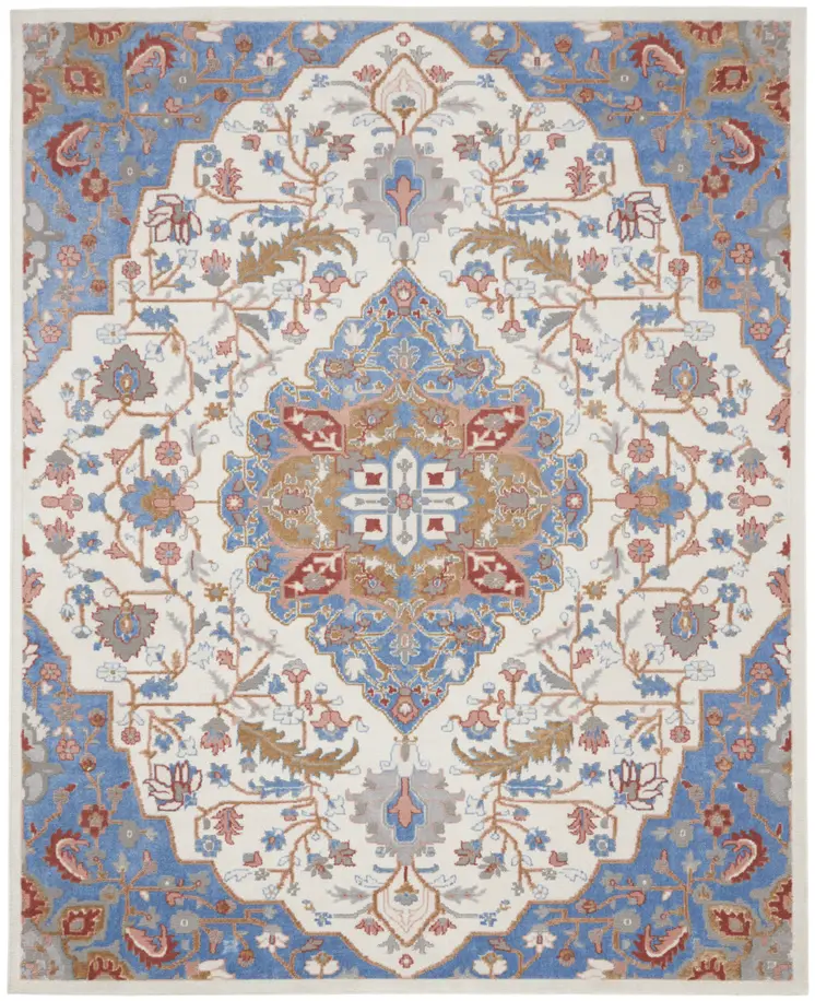 8' X 10' Ivory and Blue Floral Non Skid Area Rug