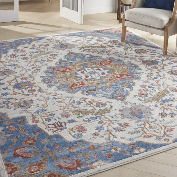 8' X 10' Ivory and Blue Floral Non Skid Area Rug