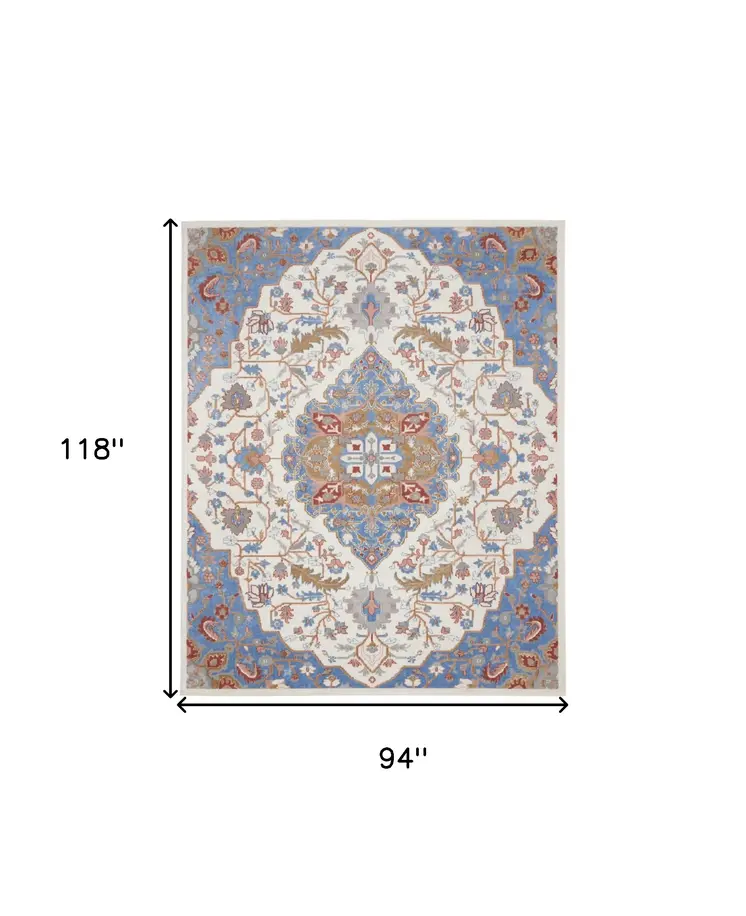 8' X 10' Ivory and Blue Floral Non Skid Area Rug