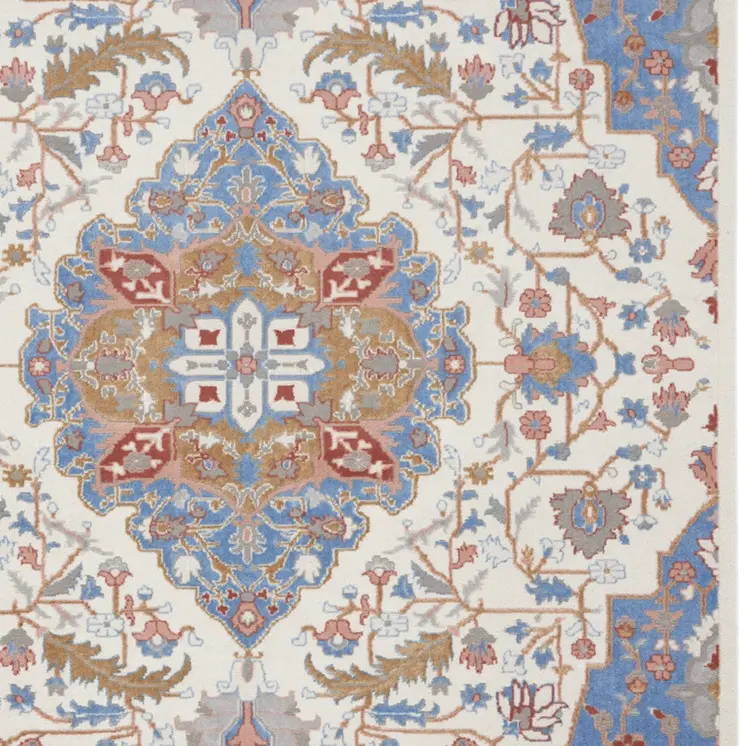 8' X 10' Ivory and Blue Floral Non Skid Area Rug
