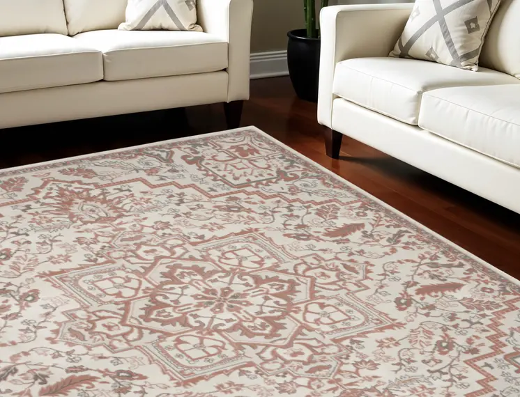 8' X 10' Ivory and Red Floral Non Skid Area Rug