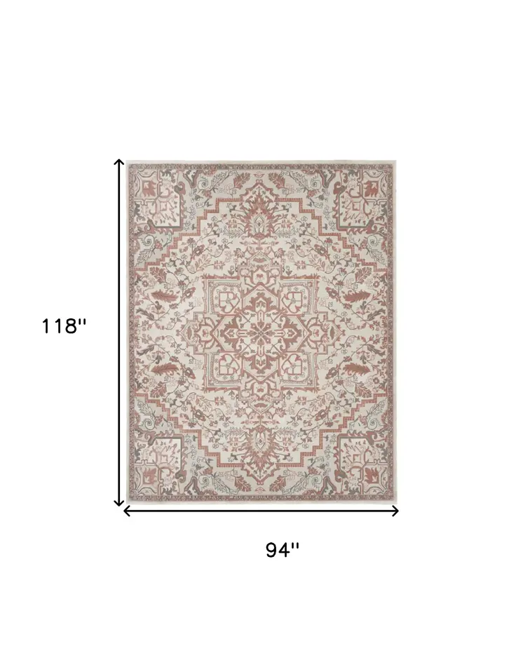 8' X 10' Ivory and Red Floral Non Skid Area Rug