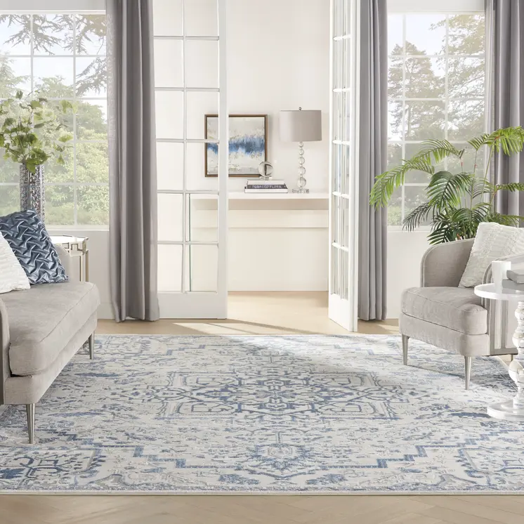 8' X 10' Ivory and Blue Floral Non Skid Area Rug