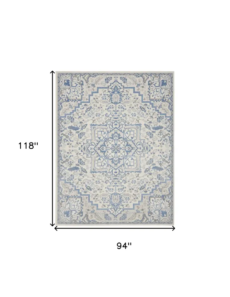 8' X 10' Ivory and Blue Floral Non Skid Area Rug