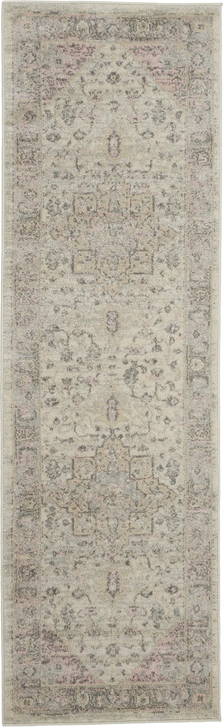 7' Ivory Pink And Gray Floral Medallion Distressed Runner Rug