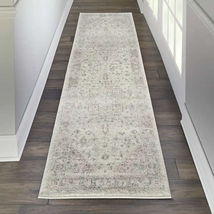 7' Ivory Pink And Gray Floral Medallion Distressed Runner Rug