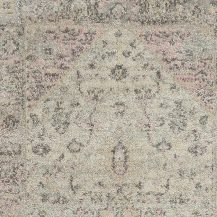 7' Ivory Pink And Gray Floral Medallion Distressed Runner Rug