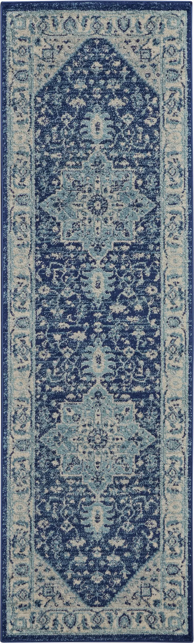 7' Ivory And Navy Blue Floral Medallion Distressed Runner Rug