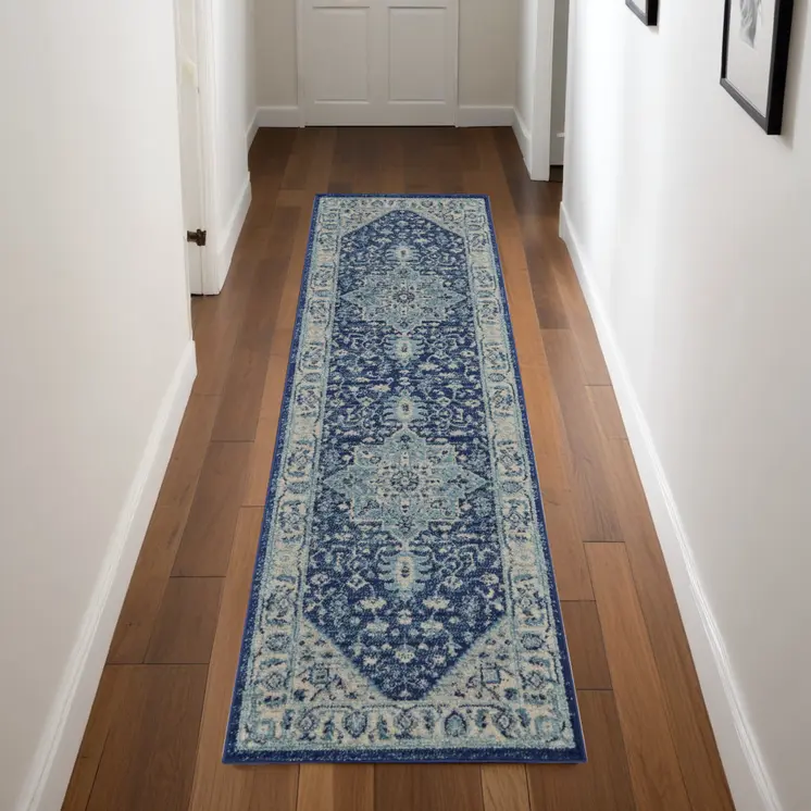 7' Ivory And Navy Blue Floral Medallion Distressed Runner Rug