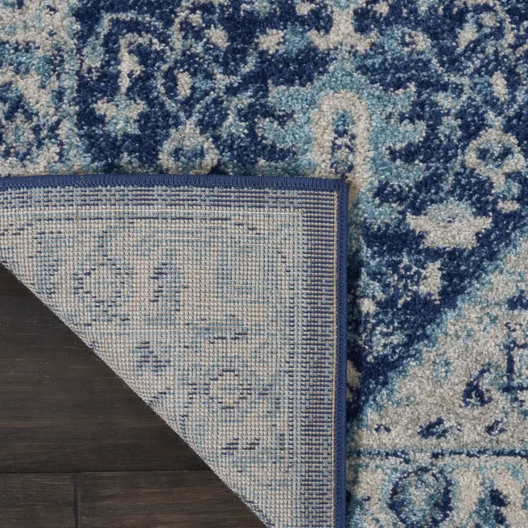 7' Ivory And Navy Blue Floral Medallion Distressed Runner Rug