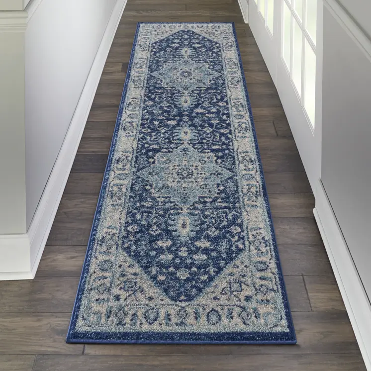 7' Ivory And Navy Blue Floral Medallion Distressed Runner Rug