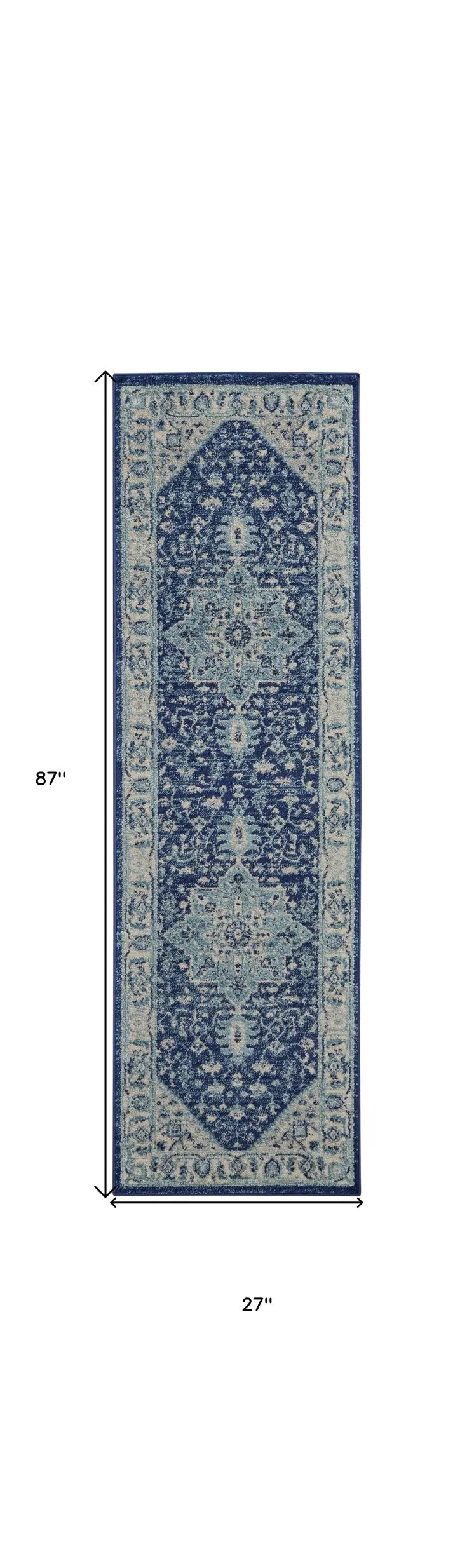 7' Ivory And Navy Blue Floral Medallion Distressed Runner Rug