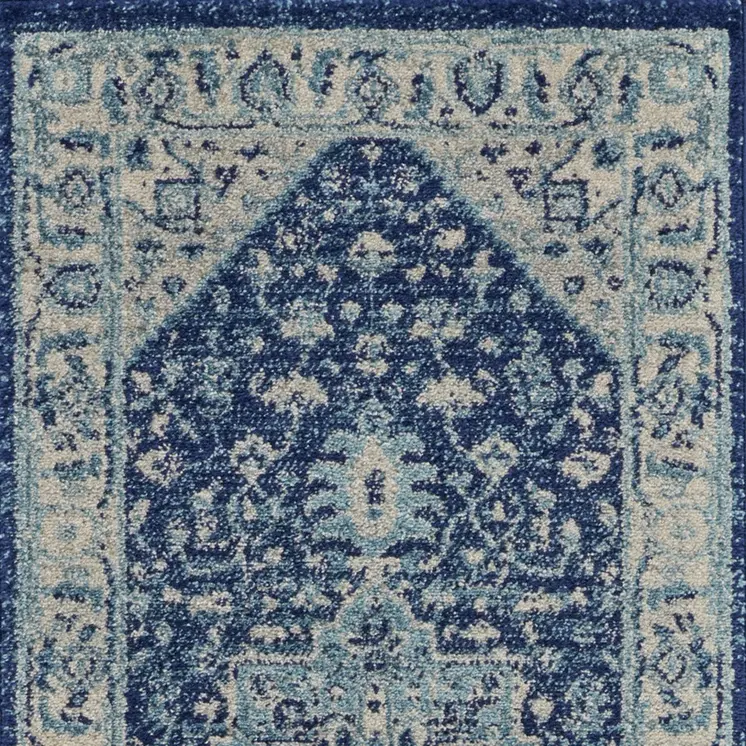 7' Ivory And Navy Blue Floral Medallion Distressed Runner Rug