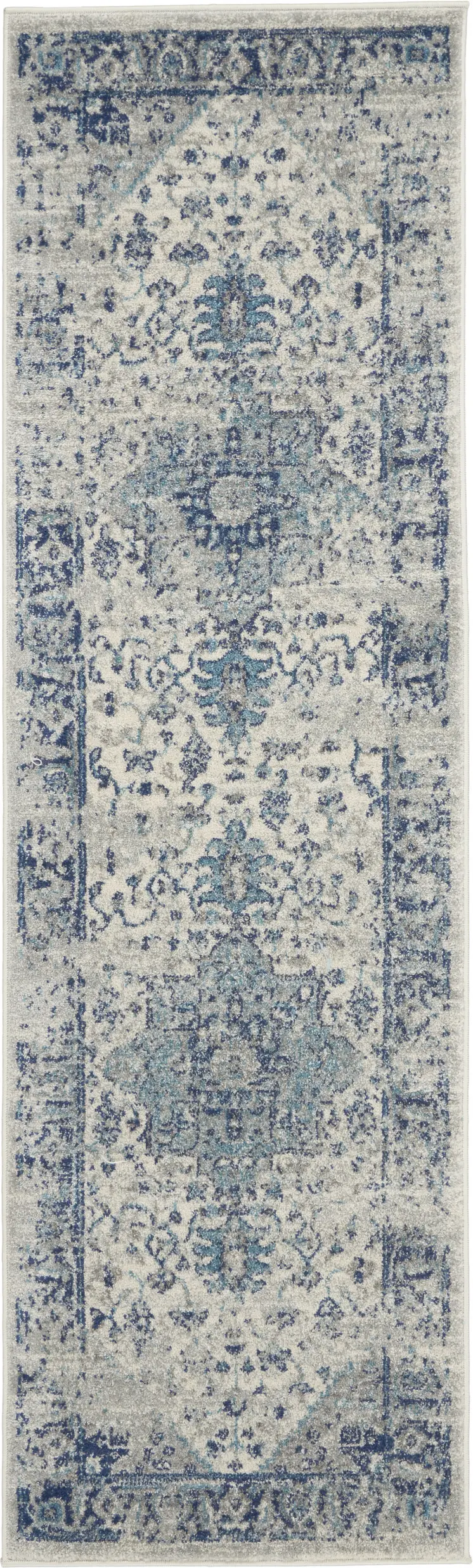 7' Ivory And Light Blue Floral Medallion Distressed Runner Rug