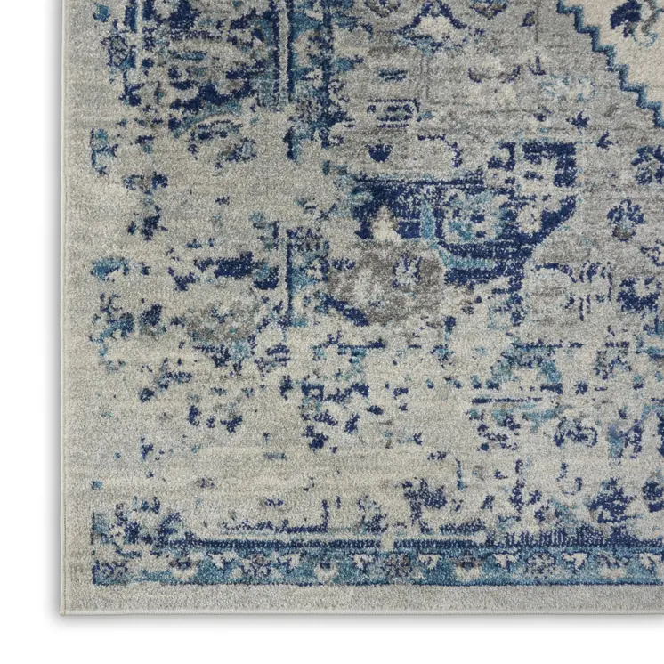 7' Ivory And Light Blue Floral Medallion Distressed Runner Rug