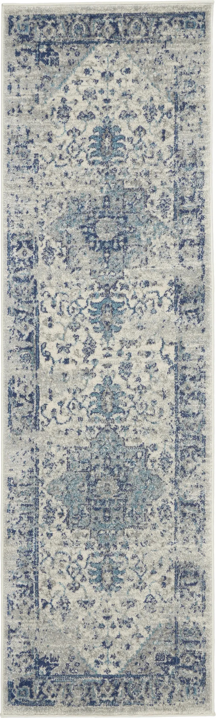 7' Ivory And Light Blue Floral Medallion Distressed Runner Rug