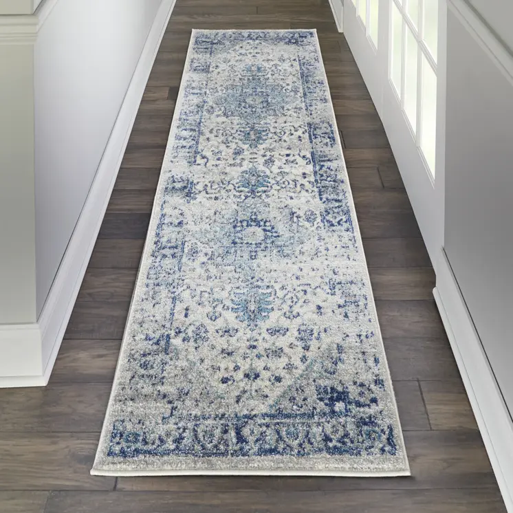 7' Ivory And Light Blue Floral Medallion Distressed Runner Rug