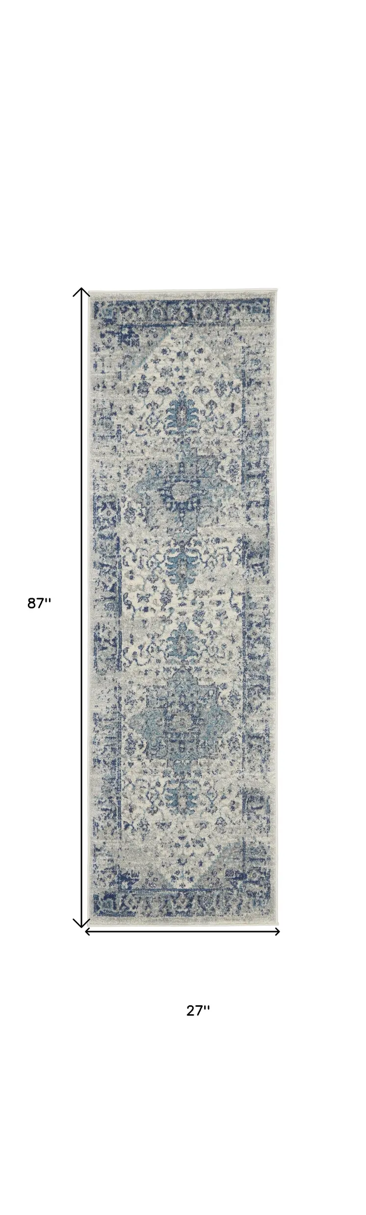 7' Ivory And Light Blue Floral Medallion Distressed Runner Rug