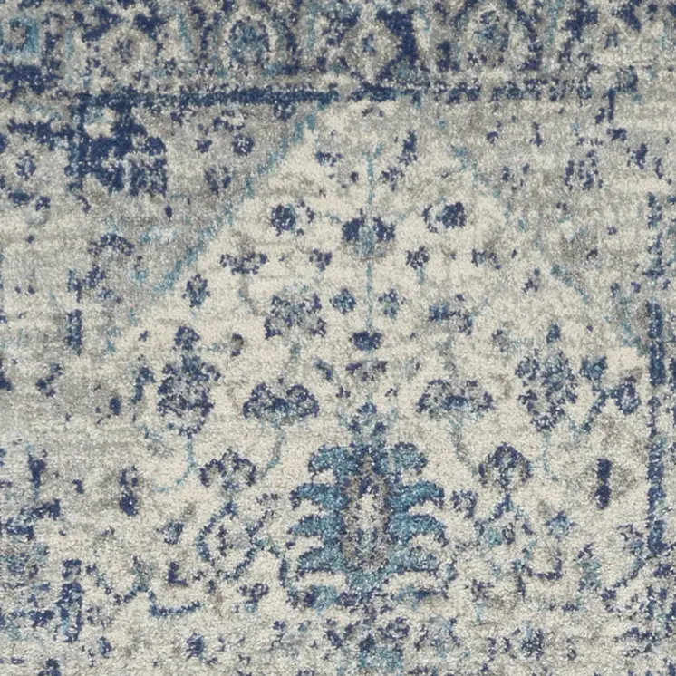 7' Ivory And Light Blue Floral Medallion Distressed Runner Rug