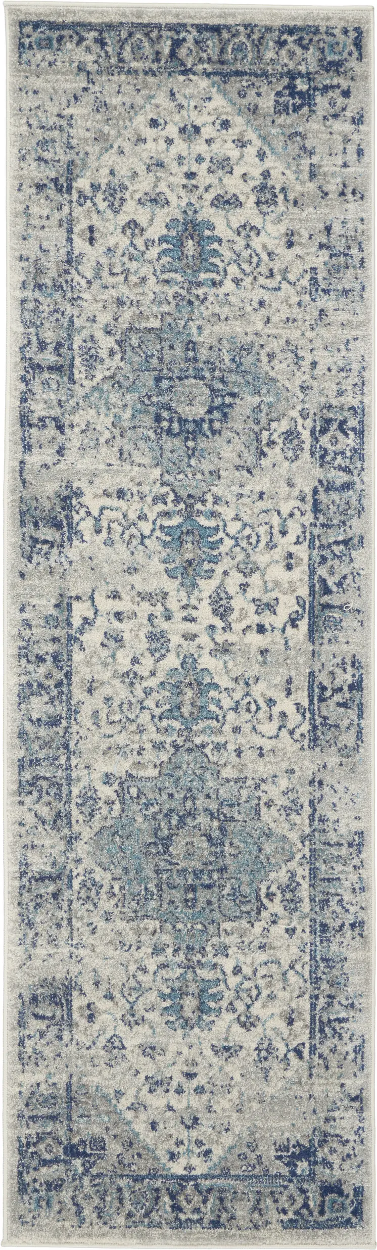 7' Ivory And Light Blue Floral Medallion Distressed Runner Rug