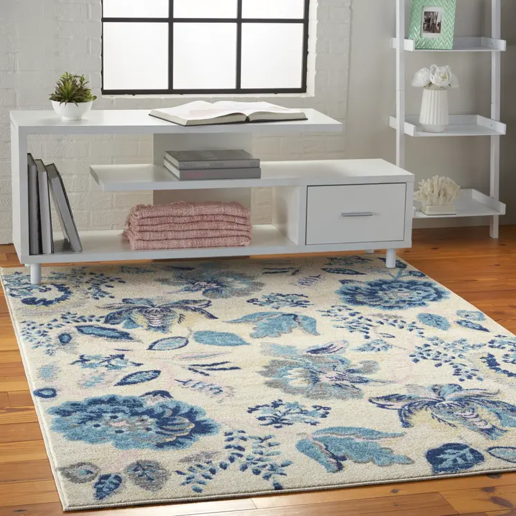 7' Ivory Navy Blue And Light Blue Floral Runner Rug