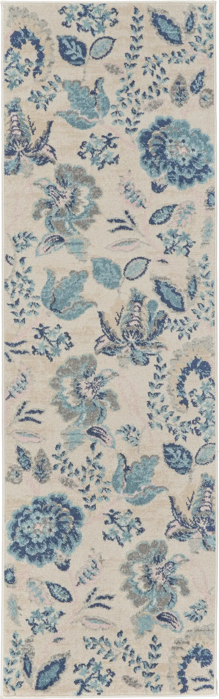 7' Ivory Navy Blue And Light Blue Floral Runner Rug