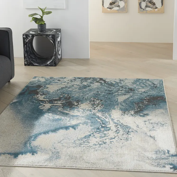 5' X 7' Teal and Ivory Abstract Non Skid Area Rug