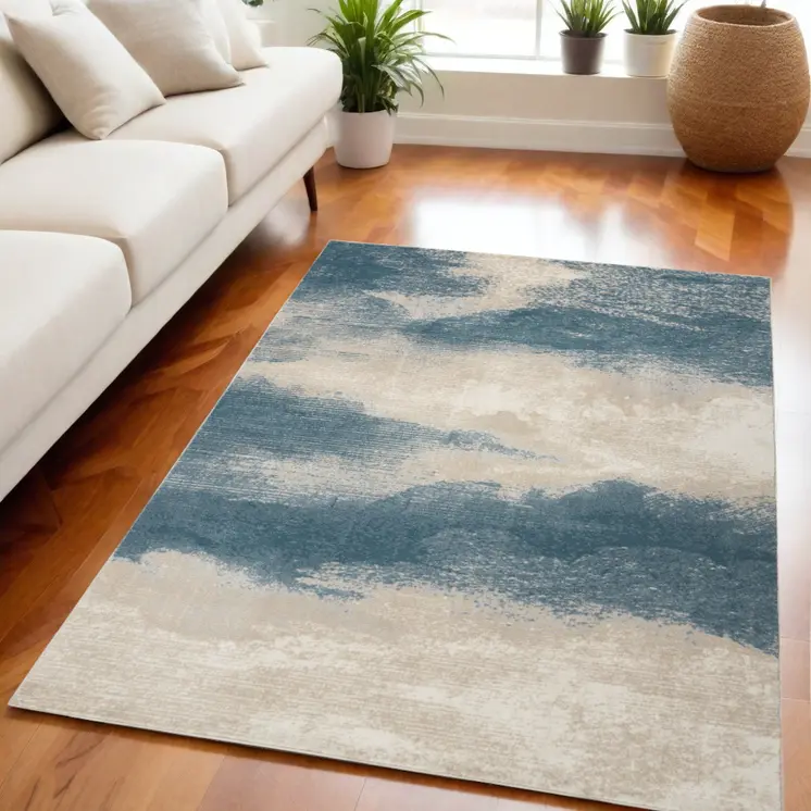 5' X 7' Teal and Ivory Abstract Non Skid Area Rug
