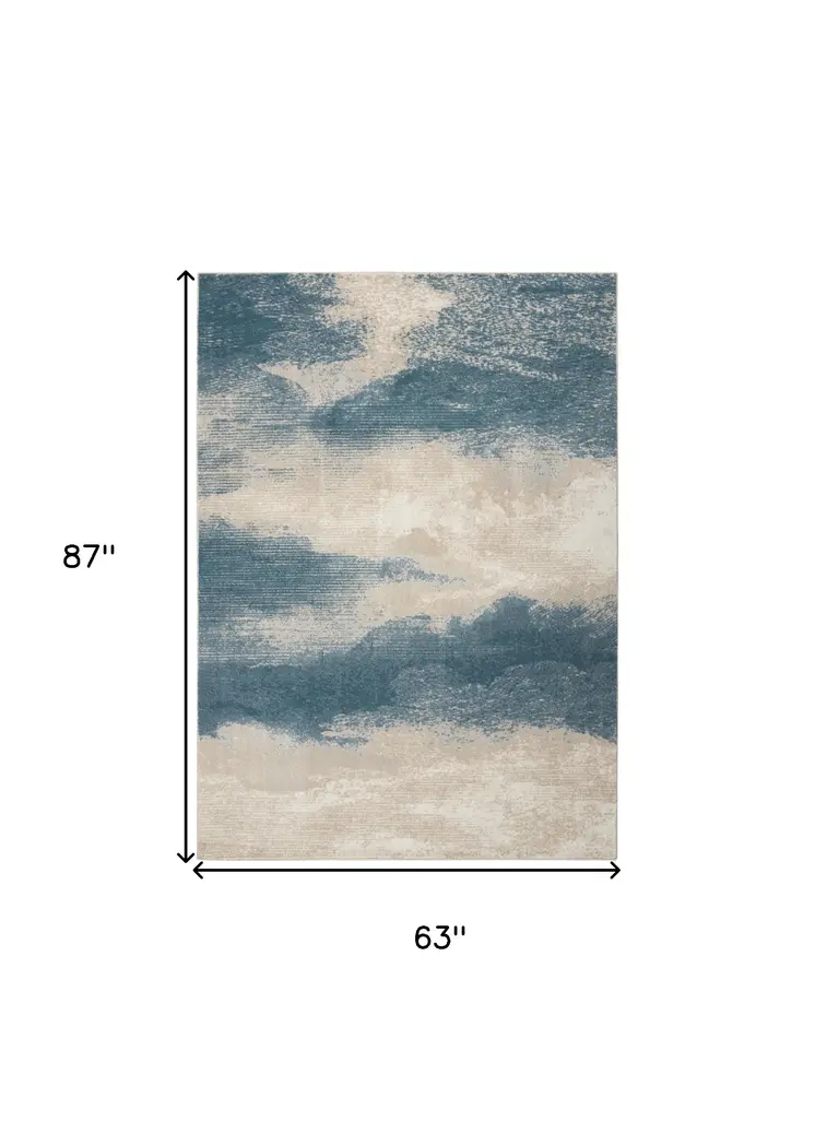 5' X 7' Teal and Ivory Abstract Non Skid Area Rug