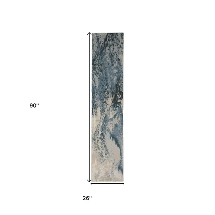 8' Ivory Teal Blue and Black Abstract Non Skid Runner Rug