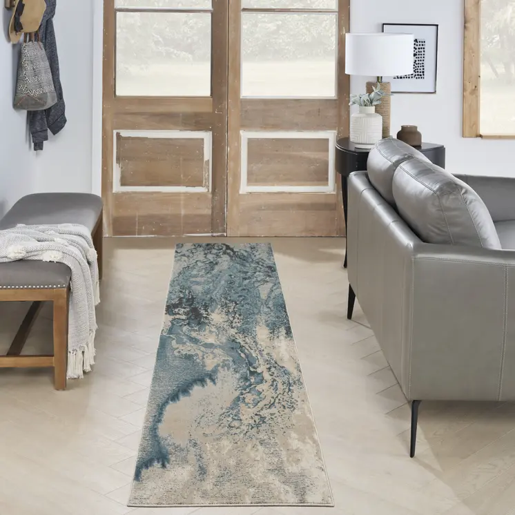 8' Ivory Teal Blue and Black Abstract Non Skid Runner Rug