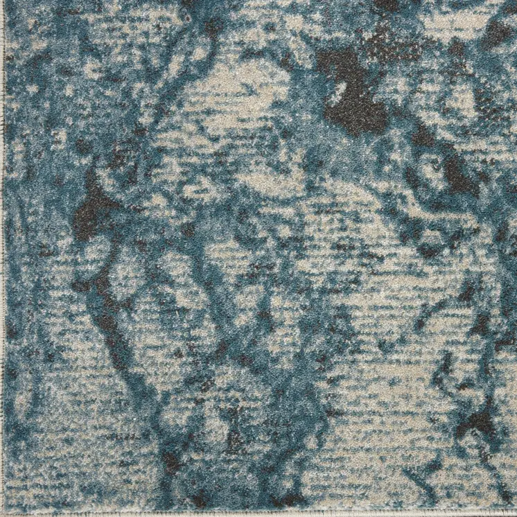 8' Ivory Teal Blue and Black Abstract Non Skid Runner Rug