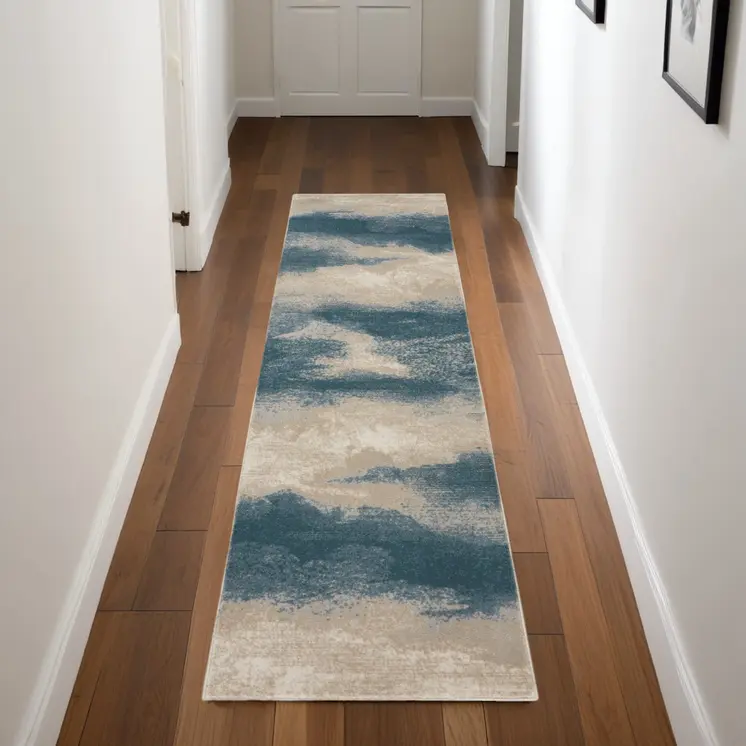 8' Teal and Ivory Abstract Non Skid Runner Rug