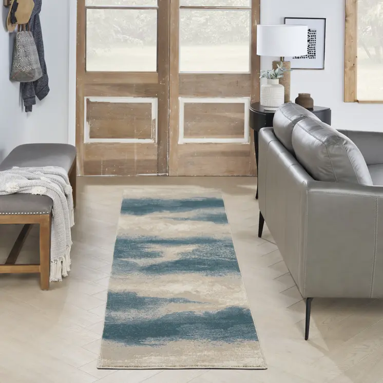 8' Teal Ivory And Gray Floral Medallion Runner Rug