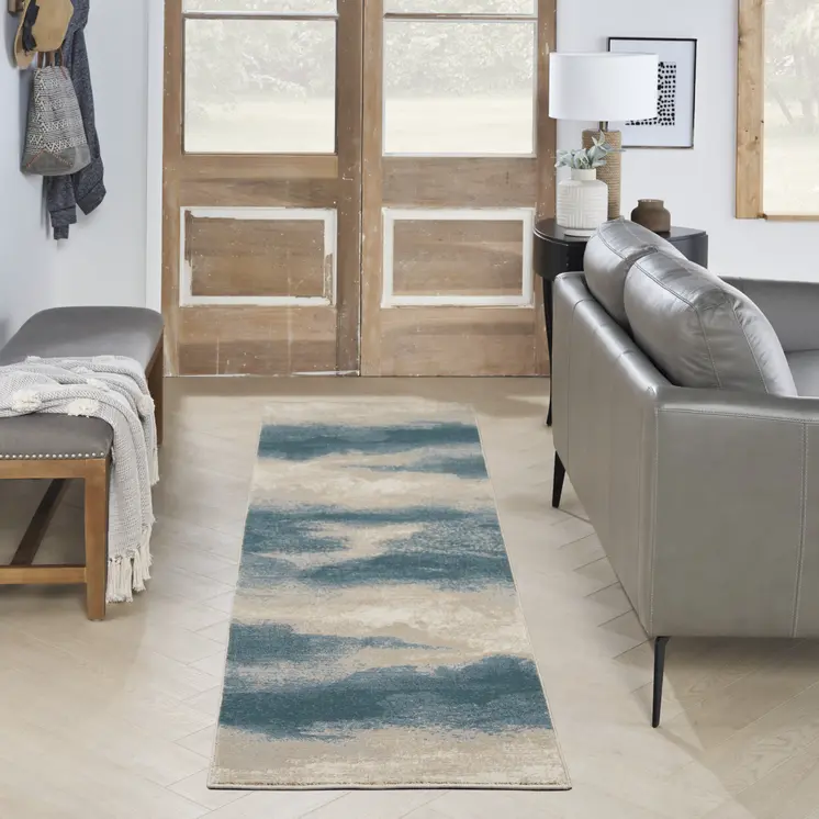 8' Teal and Ivory Abstract Non Skid Runner Rug